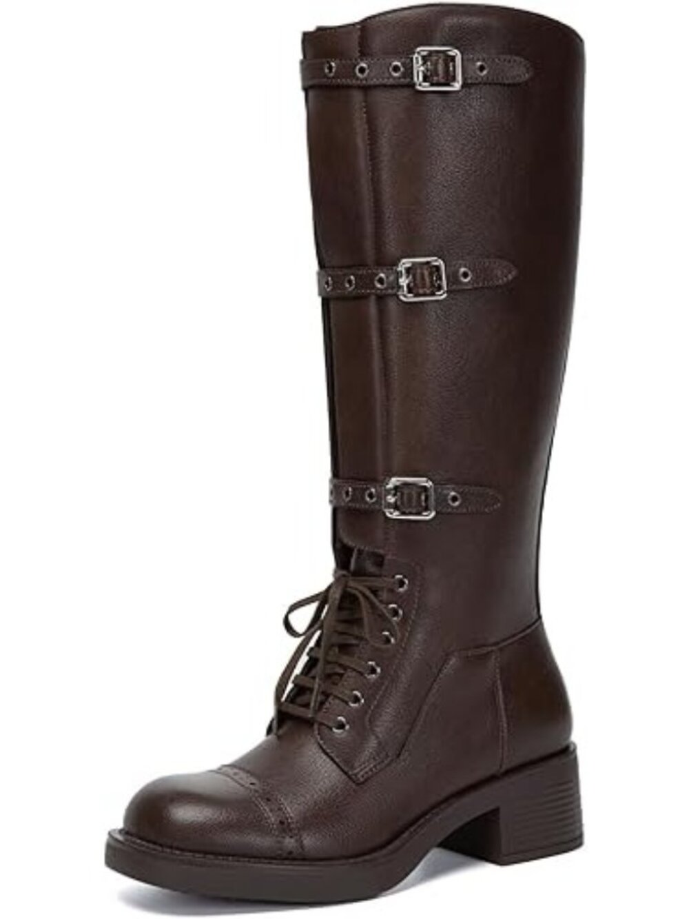 Athlefit Size 8 Boots Brown Knee High Riding Wide Calf Adjustable Buckle Lace Up